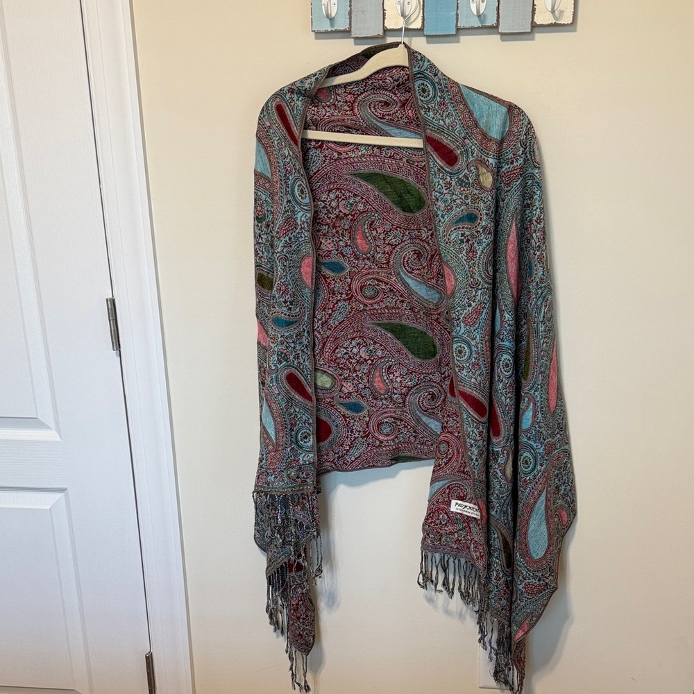 Pashmina Women’s Reversible Paisley Fringe Shawl in Teal, Pink, Green & Burgundy